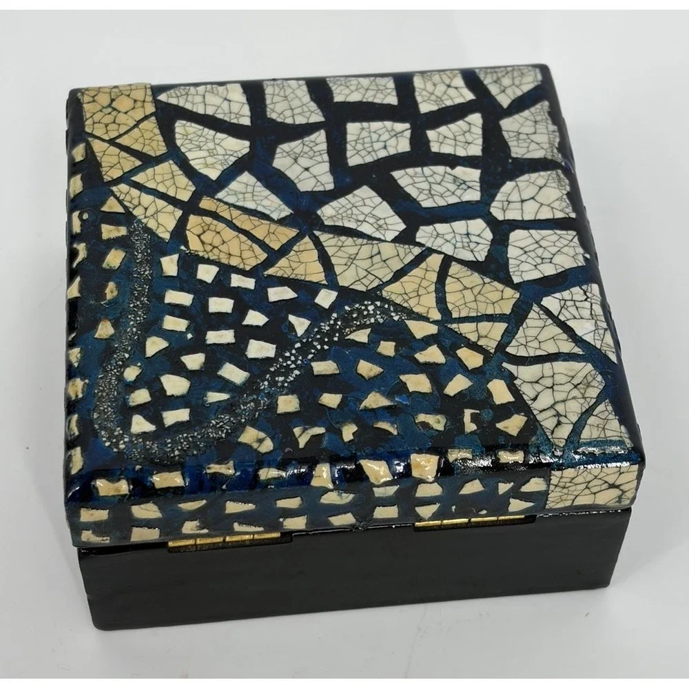 Faux Mosaic Enamel Trinket Box with Interior Mirror Velvet Lining